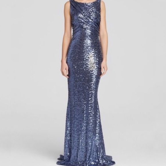 Badgley Mischka blue sequin sleeveless high neck low V open back long gown dress - Picture 2 of 16